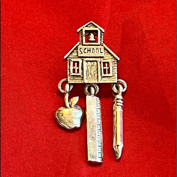 Bright Red Apple and Schoolhouse Pins Red Enamel Rhinestones Gold Silver Tones - Picture 5 of 8